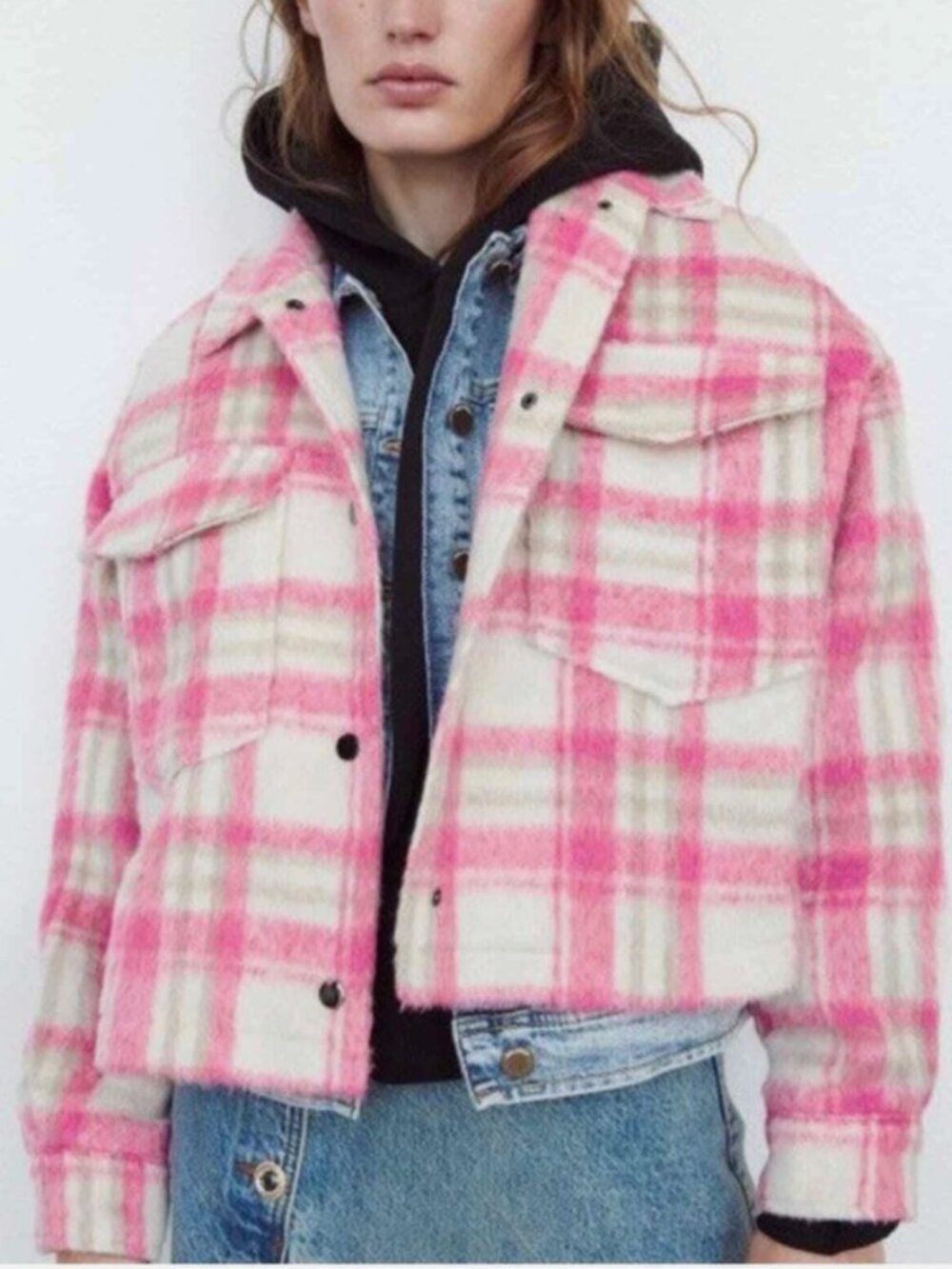 Zara Pink Plaid Cropped Boxy Snap Shacket Shirt Jacket Size M Flannel Fuzzy